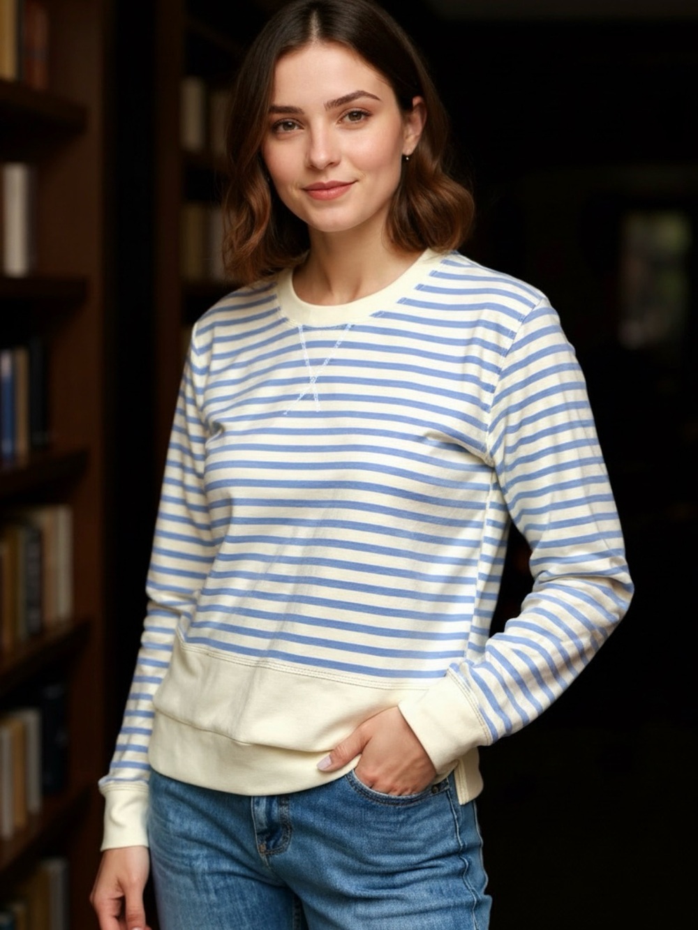 Women’s Blue & Cream Striped Long-Sleeve Crewneck